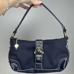 Y2k Chaps Navy Blue Bag Faux Leather Small Handbag With Gold Accents Preppy